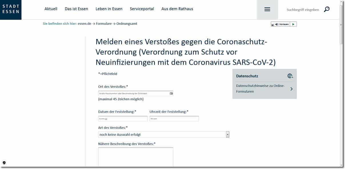 Das Corona-Denunziationsportal der Stadt Essen